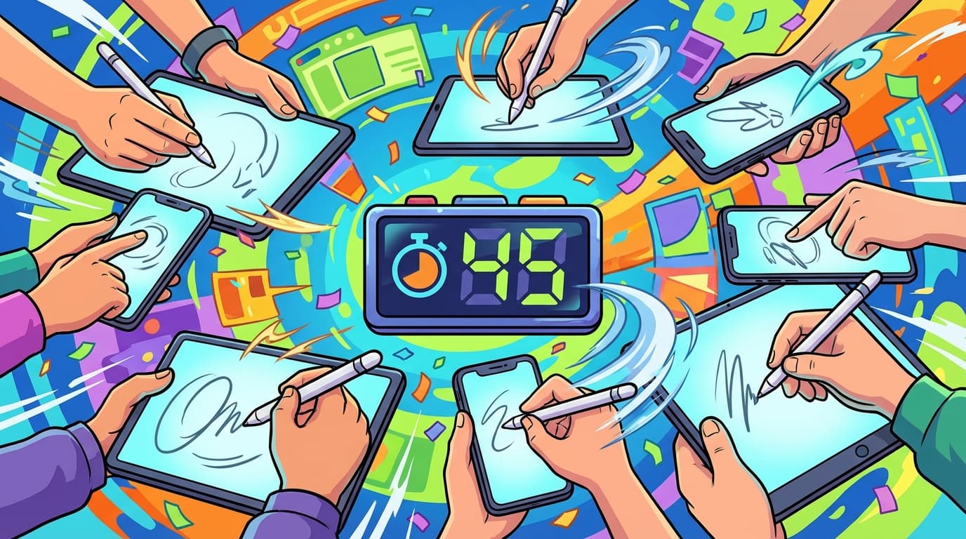 Multiple hands rapidly sketching on tablets and phones with timer showing 45 seconds, dynamic speed lines and motion effects