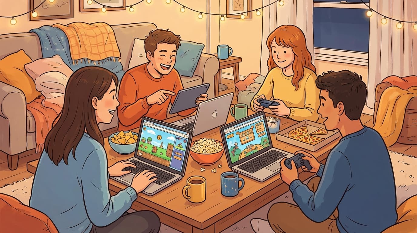 Friends gathered around laptops and tablets playing browser games together in a cozy party atmosphere