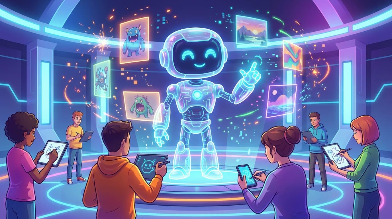 Futuristic AI robot judging colorful drawings from multiple players on digital devices with neon accents and data particles