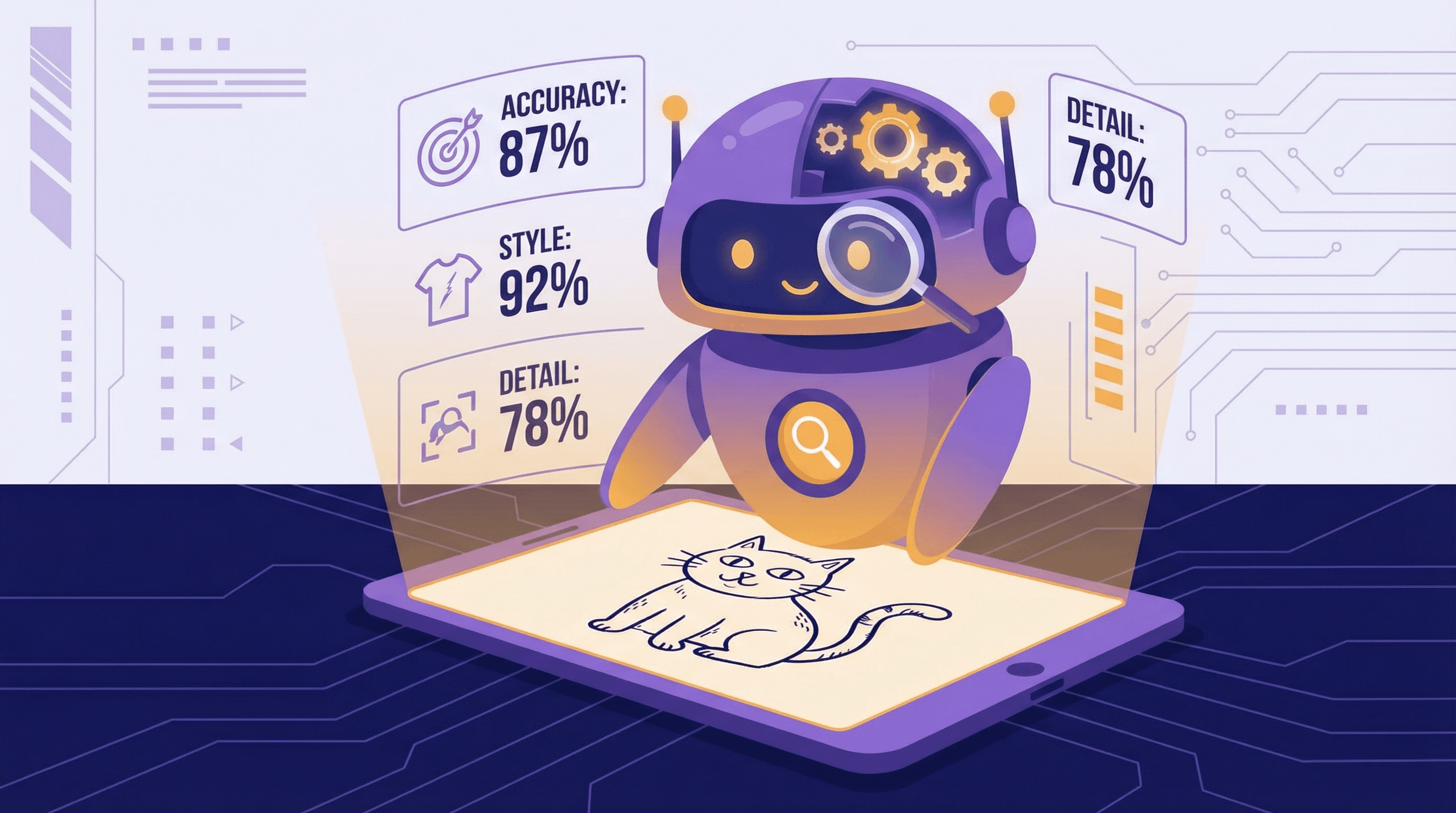 AI analyzing a hand-drawn sketch of a cat with scoring overlay showing accuracy, creativity, and style metrics