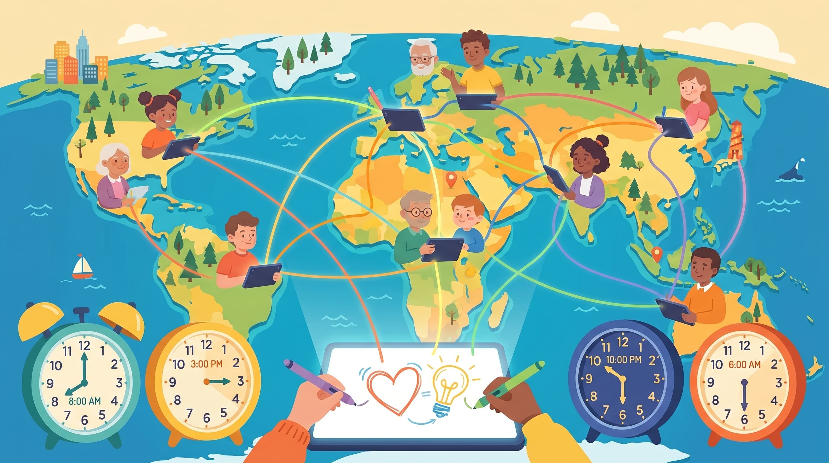 Global distributed team members in different time zones collaborating through drawing games, colorful connection across continents, worldwide team collaboration illustration