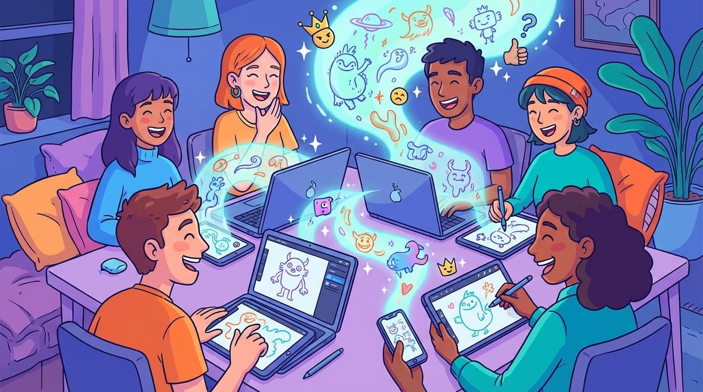 Friends playing various online drawing games on laptops, tablets and phones with colorful sketches and AI judging interface