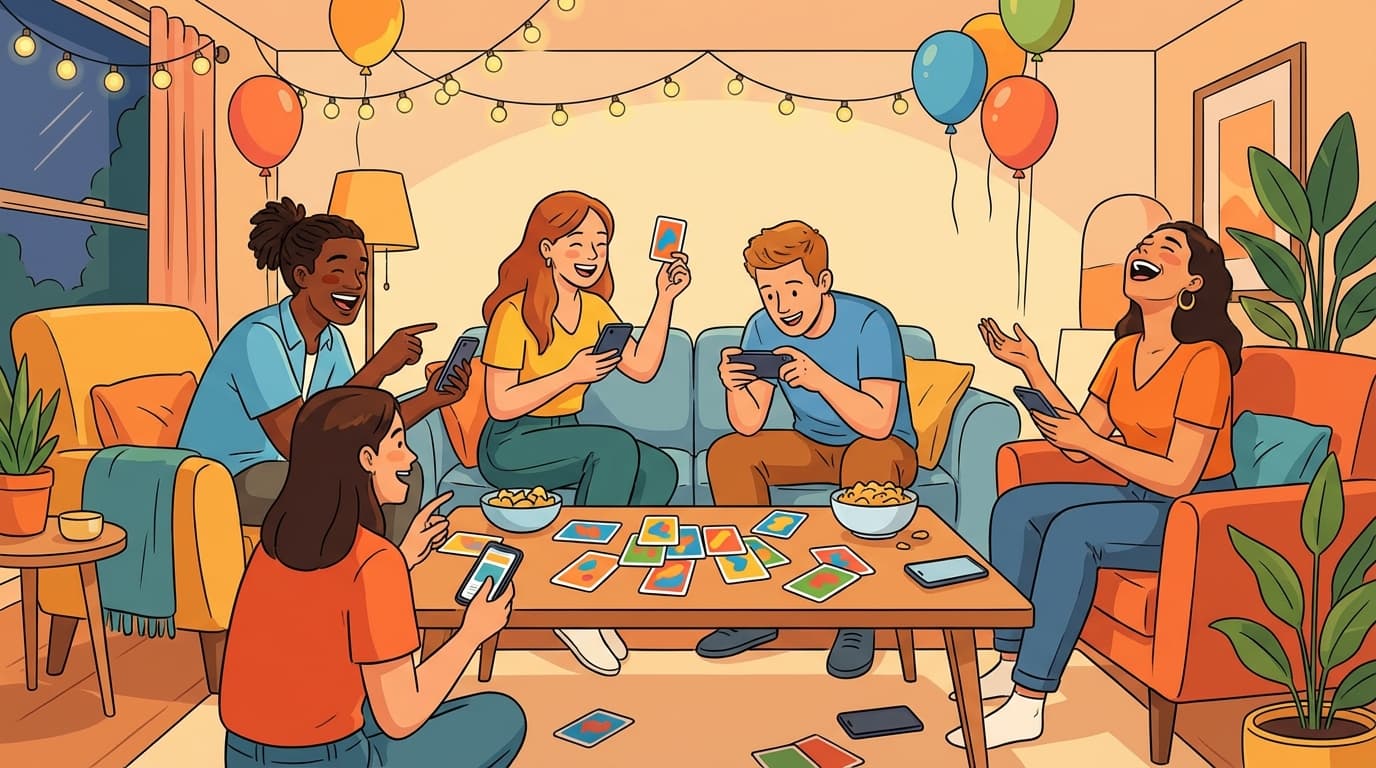 Friends at a party instantly playing games together with phones and cards, laughing and having fun, vibrant energetic scene