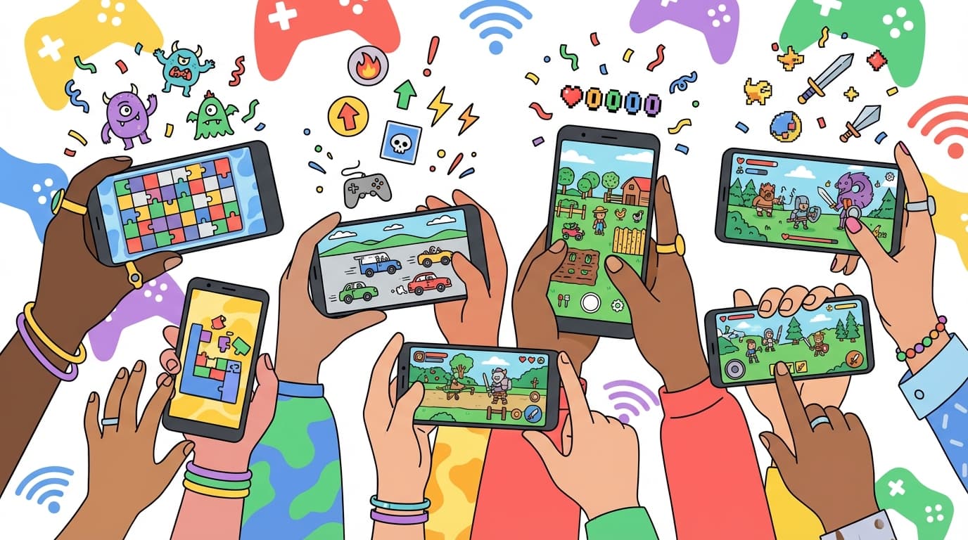 Colorful illustration of hands holding Android smartphones playing browser games together with game elements floating above