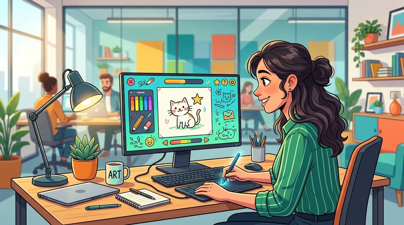 Professional employee at desk playing quick drawing game on computer, colorful digital illustration, bright modern office environment, happy focused expression, playful gaming interface visible on screen, vibrant workspace atmosphere