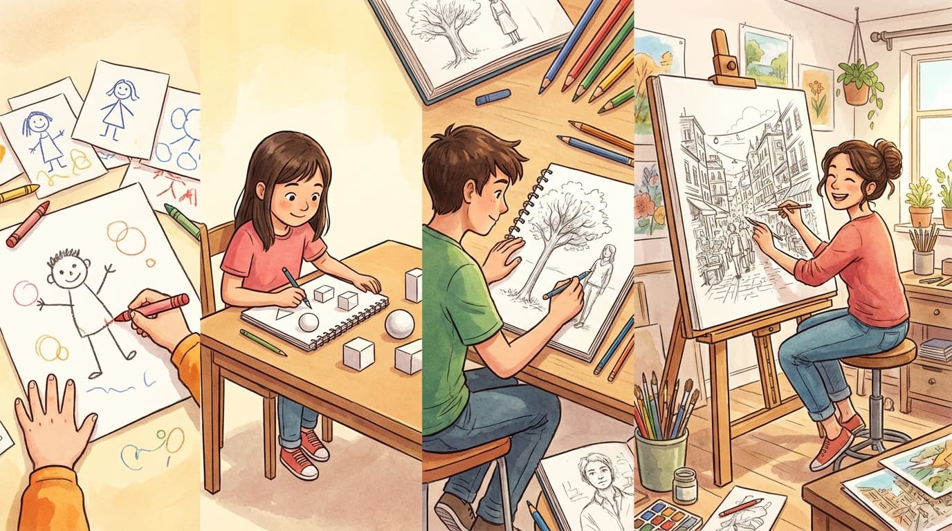Colorful illustration showing the journey from stick figure to confident artist, progression steps with beginner drawing simple shapes transforming into detailed sketches