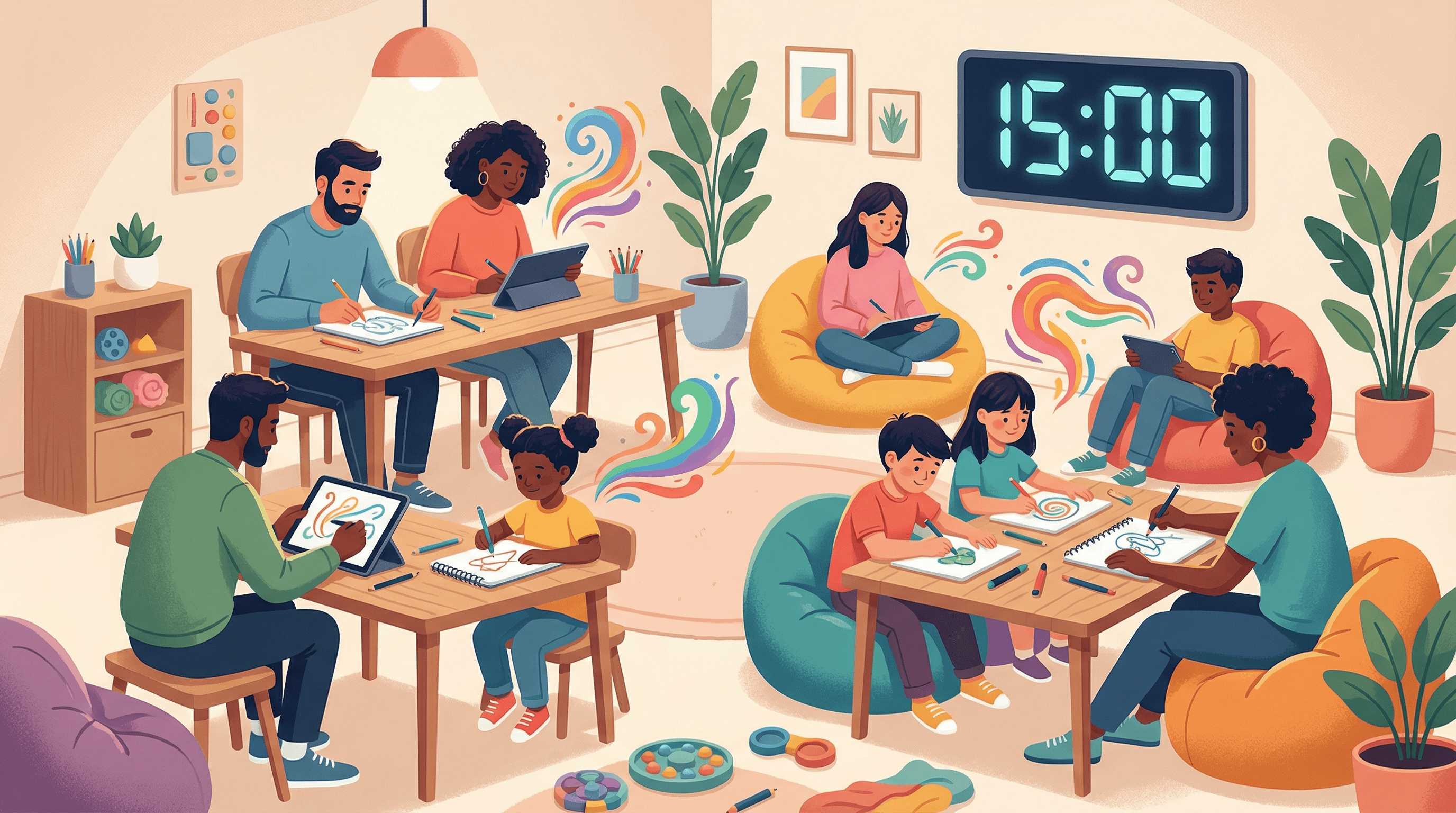 Diverse group of focused adults and children drawing with tablets and papers, vibrant colors, neurodivergent-friendly creative environment, timer visible