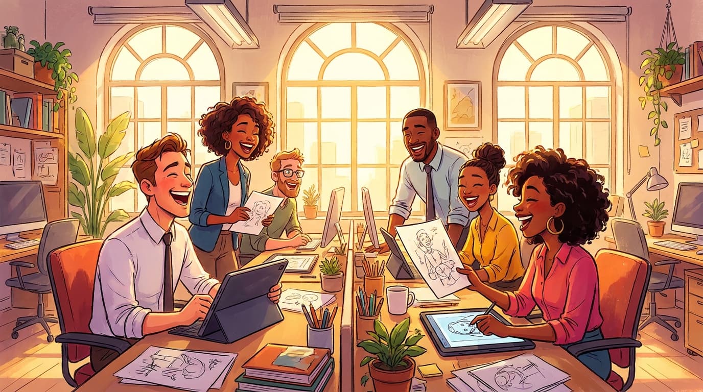 Team of professionals laughing together at desks, drawing on tablets during afternoon break to combat 2-4 PM energy slump