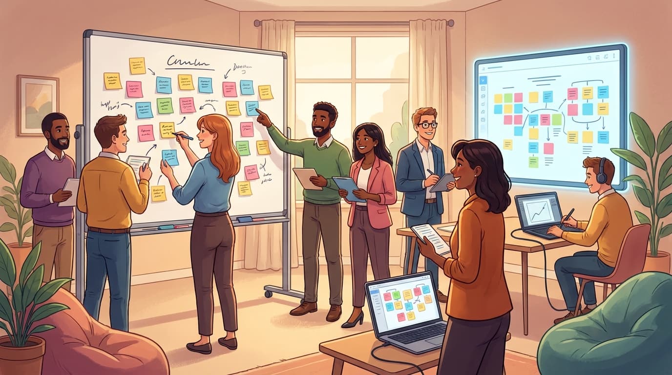 Agile team collaborating during retrospective with drawing games, diverse professionals creating visual sticky notes and sketches