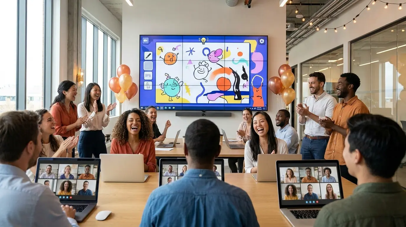 Diverse employees laughing together during virtual all-hands meeting with drawing games displayed on screen