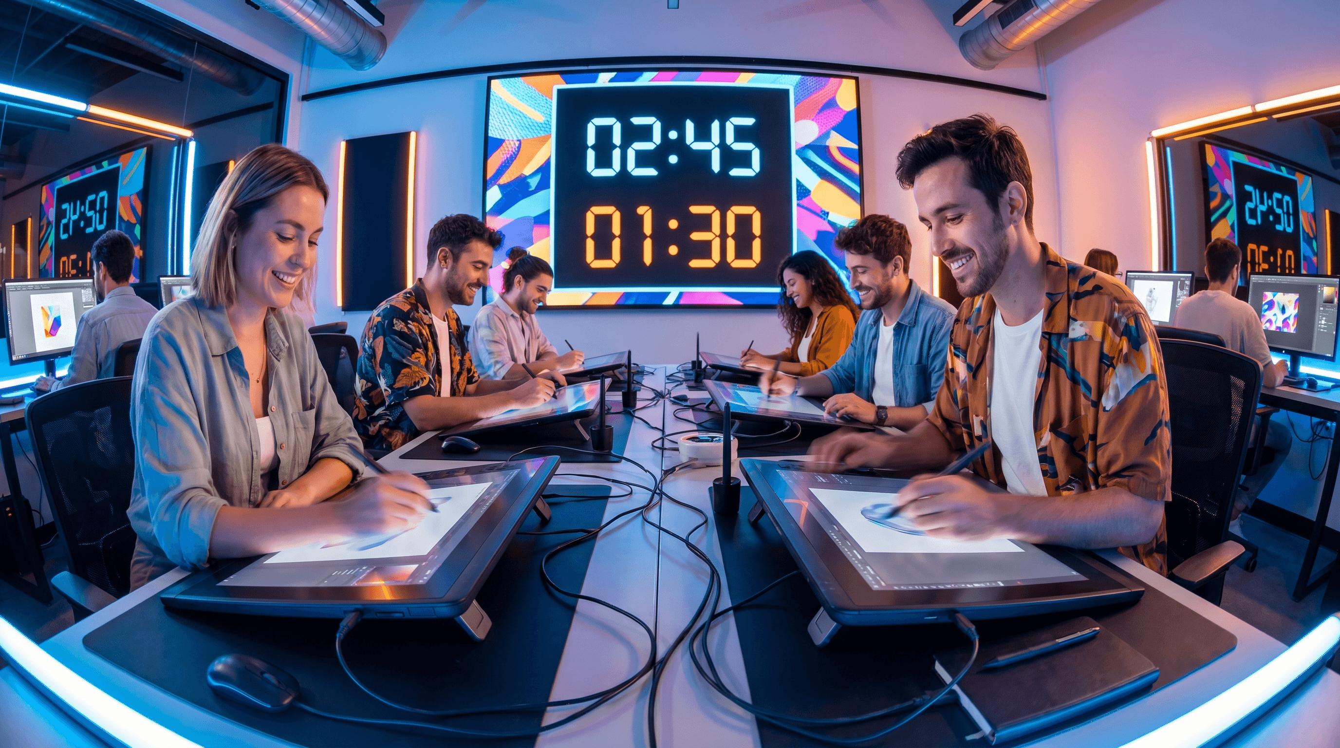 Artist drawing rapidly in competitive timed drawing game, multiple artists on tablets with timer, vibrant modern illustration style