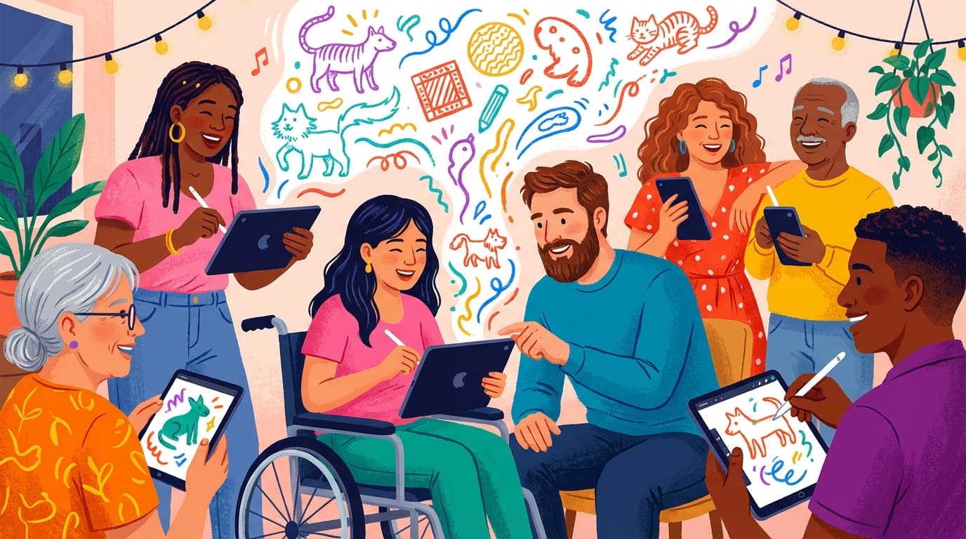 Diverse group of people at a party using drawing games as icebreakers, laughing together while sketching on tablets and phones