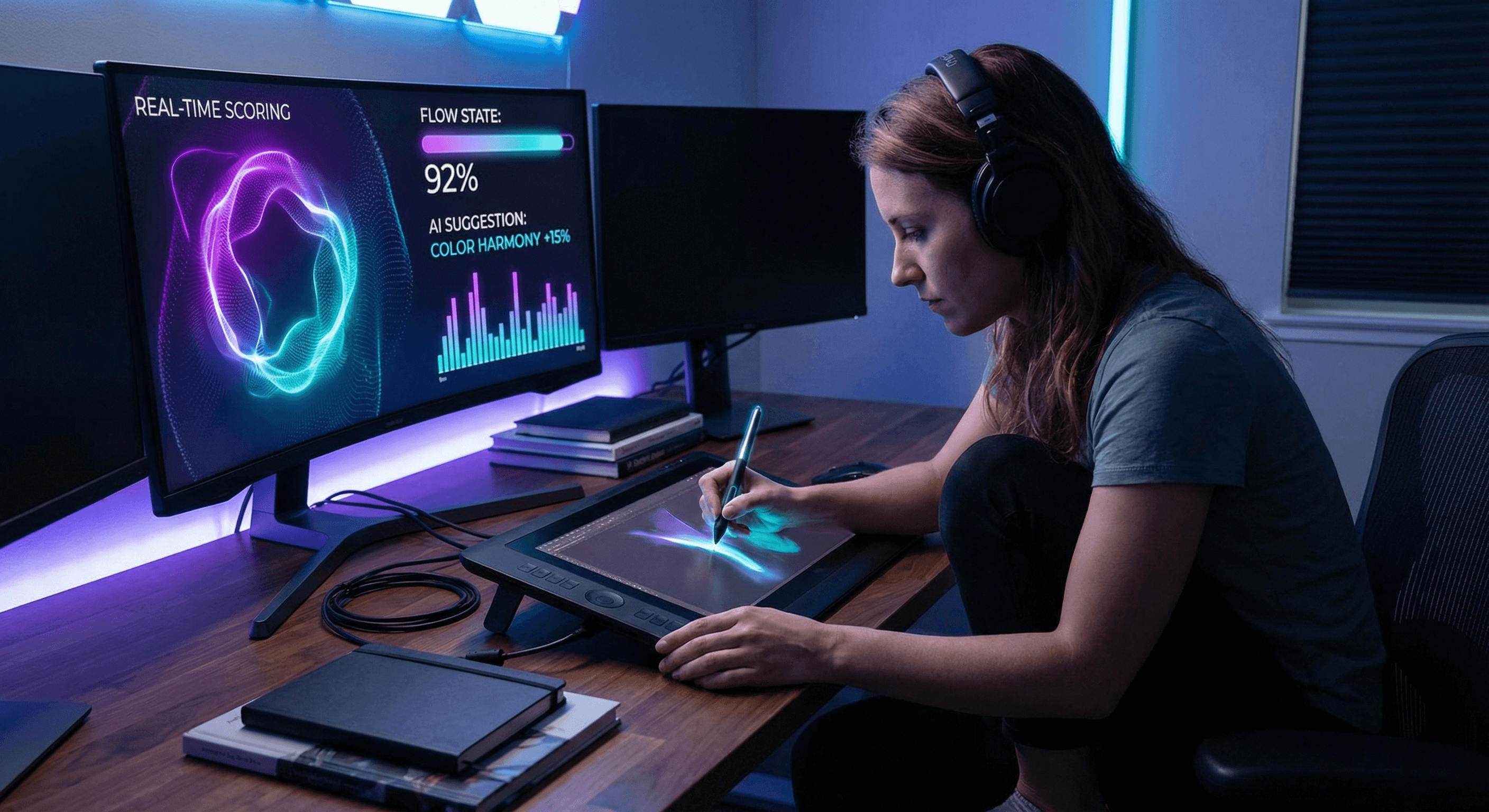 Digital artist working on tablet with AI feedback visualization, vibrant creative workspace showing real-time scoring and improvement metrics, electric purple and cyan colors, modern clean design, no text, professional yet energetic mood