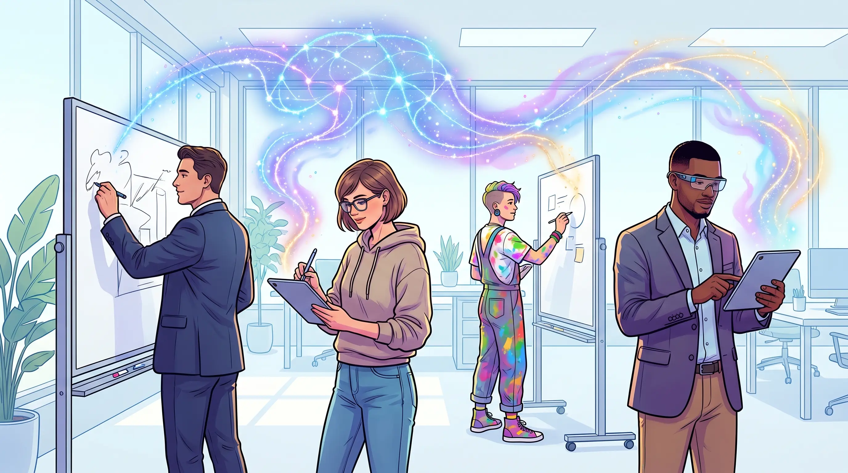Diverse team of professionals from different departments drawing simultaneously on tablets with colorful collaborative energy, AI neural network sparkles, modern illustration style, no text