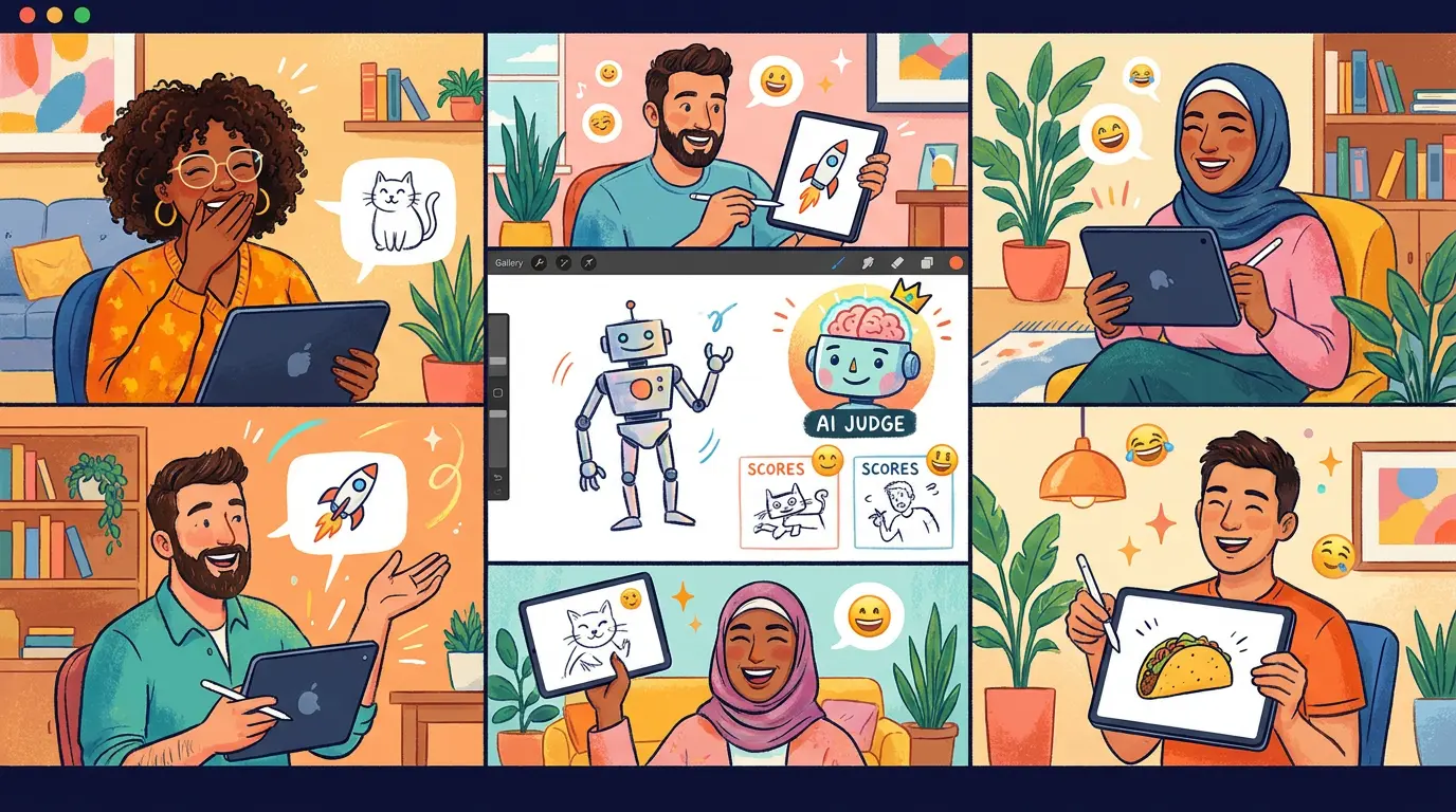 Customer success team laughing together during video call, AI-judged drawing games with diverse professionals holding digital tablets