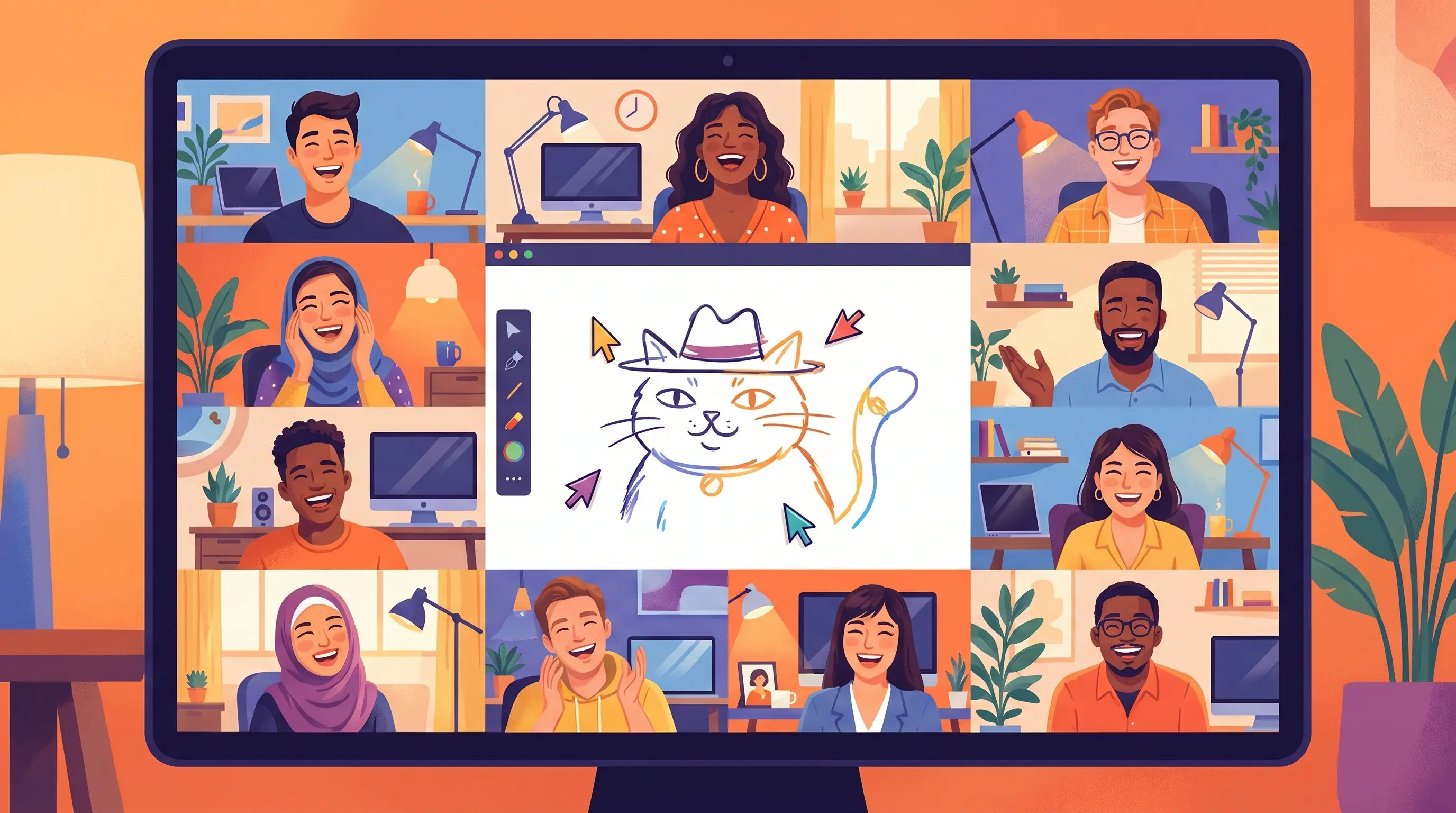 Global distributed team members from different countries collaborating and laughing during a real-time drawing game session on video call