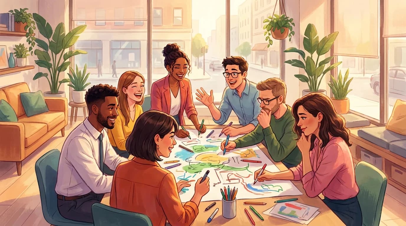 Diverse team of professionals expressing different emotions while drawing together collaboratively, emotional intelligence development in creative team building activity