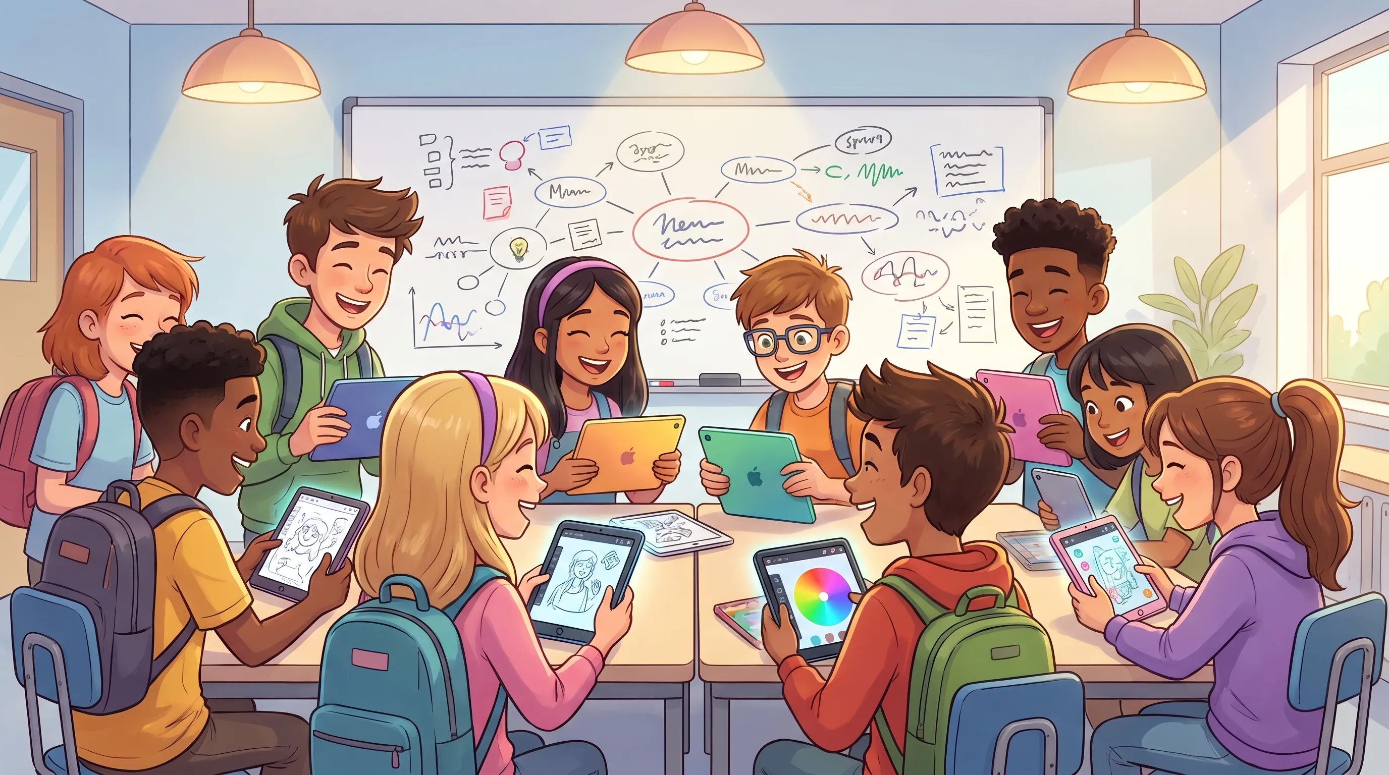 Students laughing while playing drawing games together on tablets and phones during end-of-year classroom celebration
