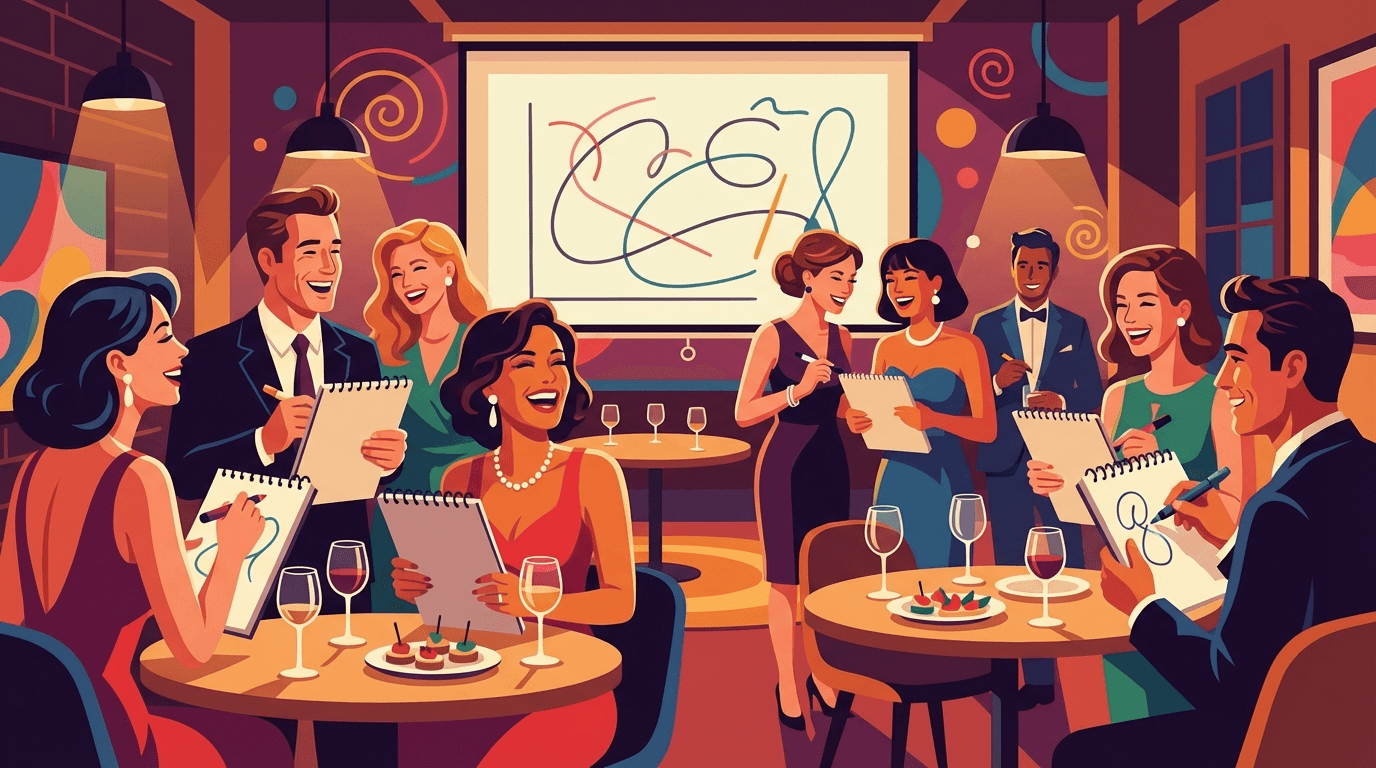 Adults playing competitive drawing games at a party, sophisticated art challenge atmosphere, colorful creative competition, modern illustration style, wide 16:9 aspect ratio, no text