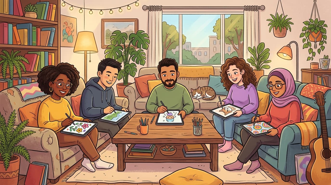 Diverse introverts drawing simultaneously on tablets in calm, peaceful living room with soft lighting, colorful creative artwork, inclusive friendly atmosphere, wide 16:9 aspect ratio, no text