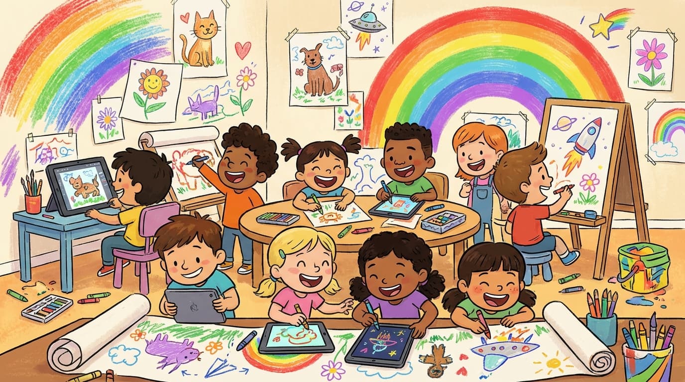 Happy children drawing on tablets and computers playing safe online drawing games with colorful artwork