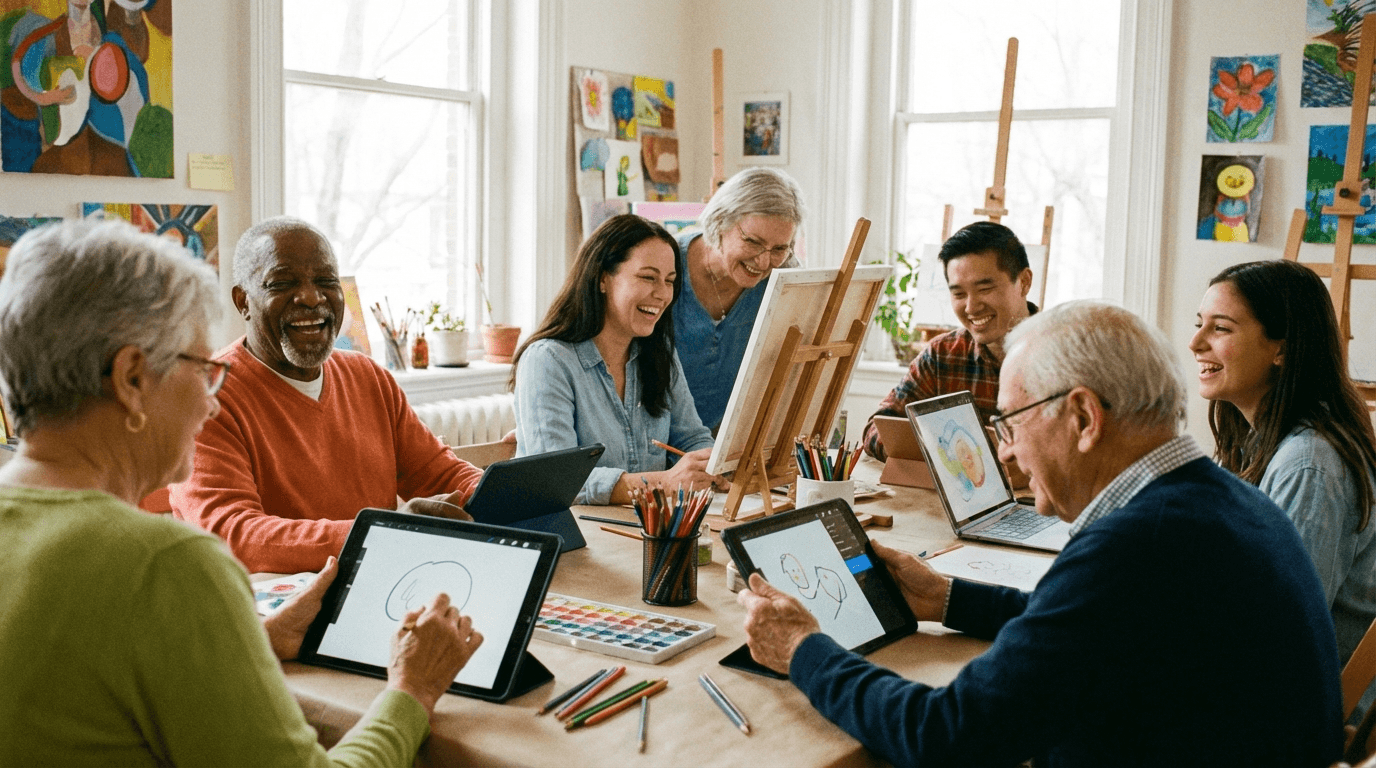 Senior citizens enjoying drawing games together, bright cheerful setting, tablets and art supplies, intergenerational fun, wide 16:9 aspect ratio, no text