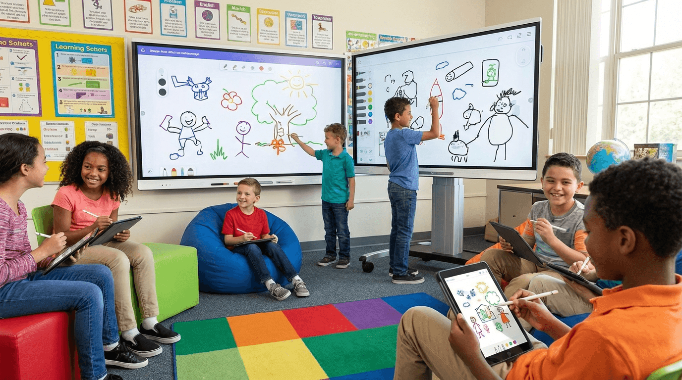 Teacher and students using drawing games in classroom, engaged learning environment, tablets and whiteboards, colorful educational setting, wide 16:9 aspect ratio, no text