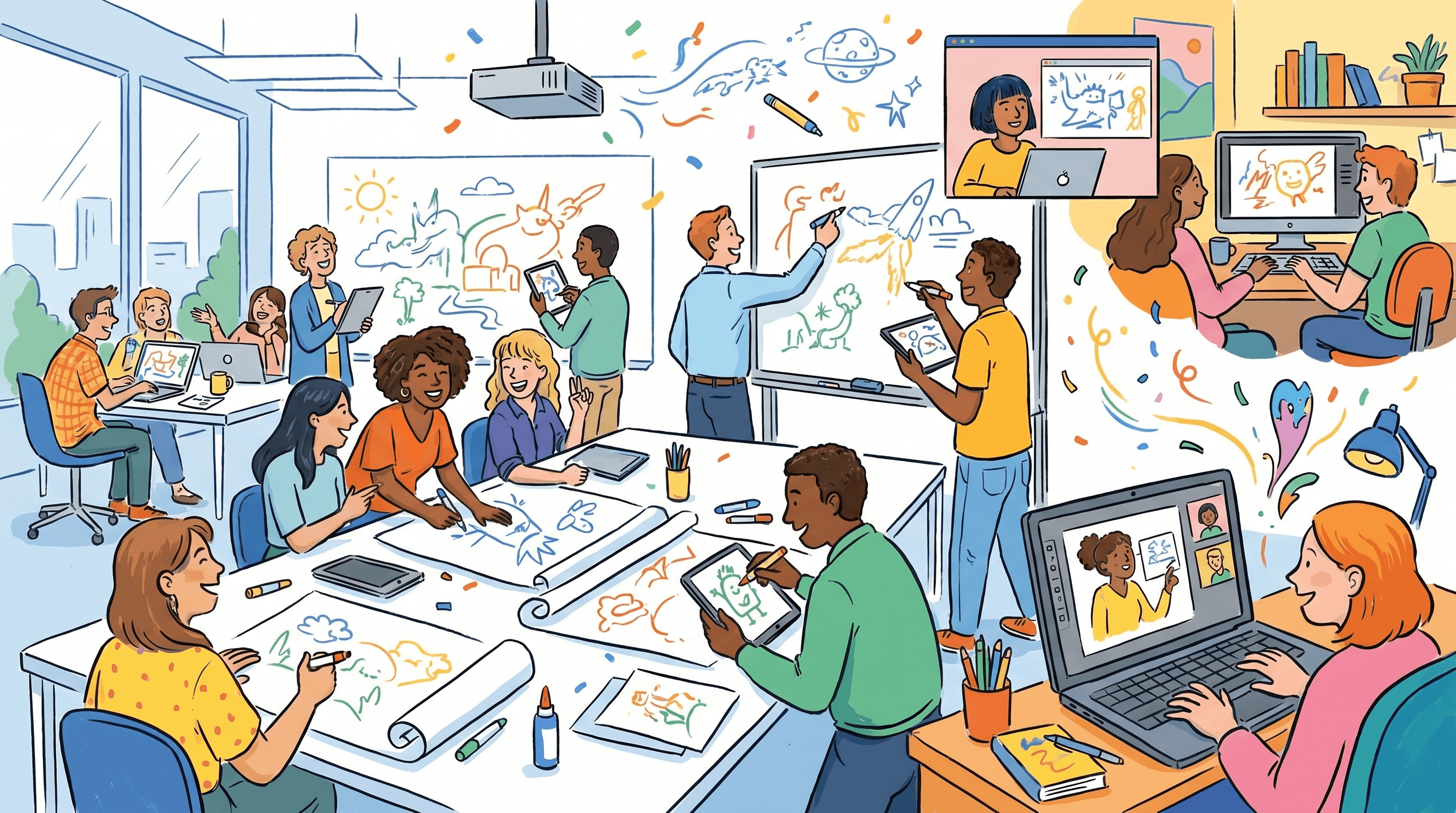Diverse hybrid team of remote and in-office professionals laughing while playing drawing games together, colorful creative illustration, wide 16:9 aspect ratio