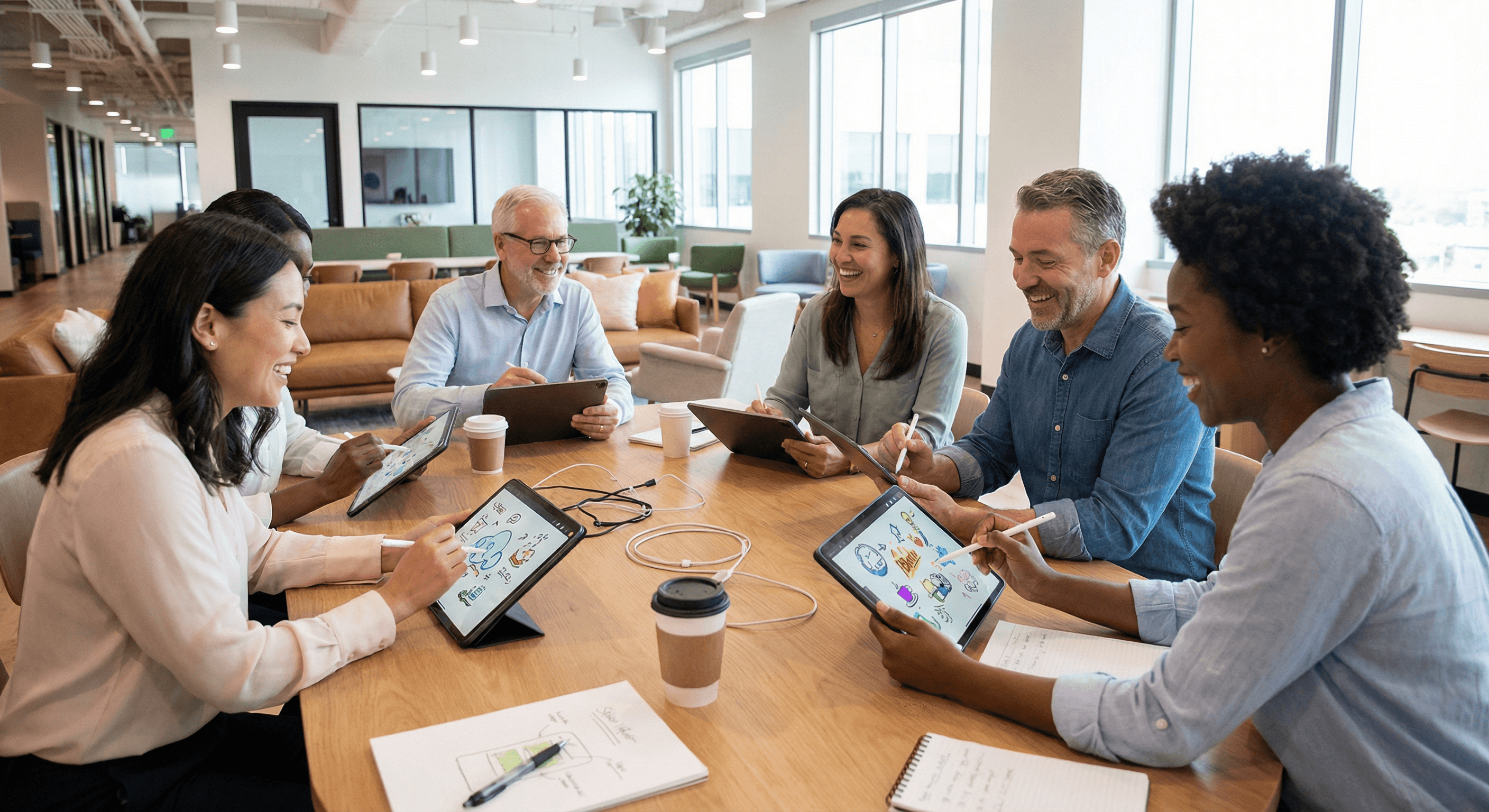 Team members collaborating during a drawing game exercise, multiple people sketching together with focused engagement, colorful creative session, teamwork and communication emphasized, bright collaborative office setting, illustration style, no text