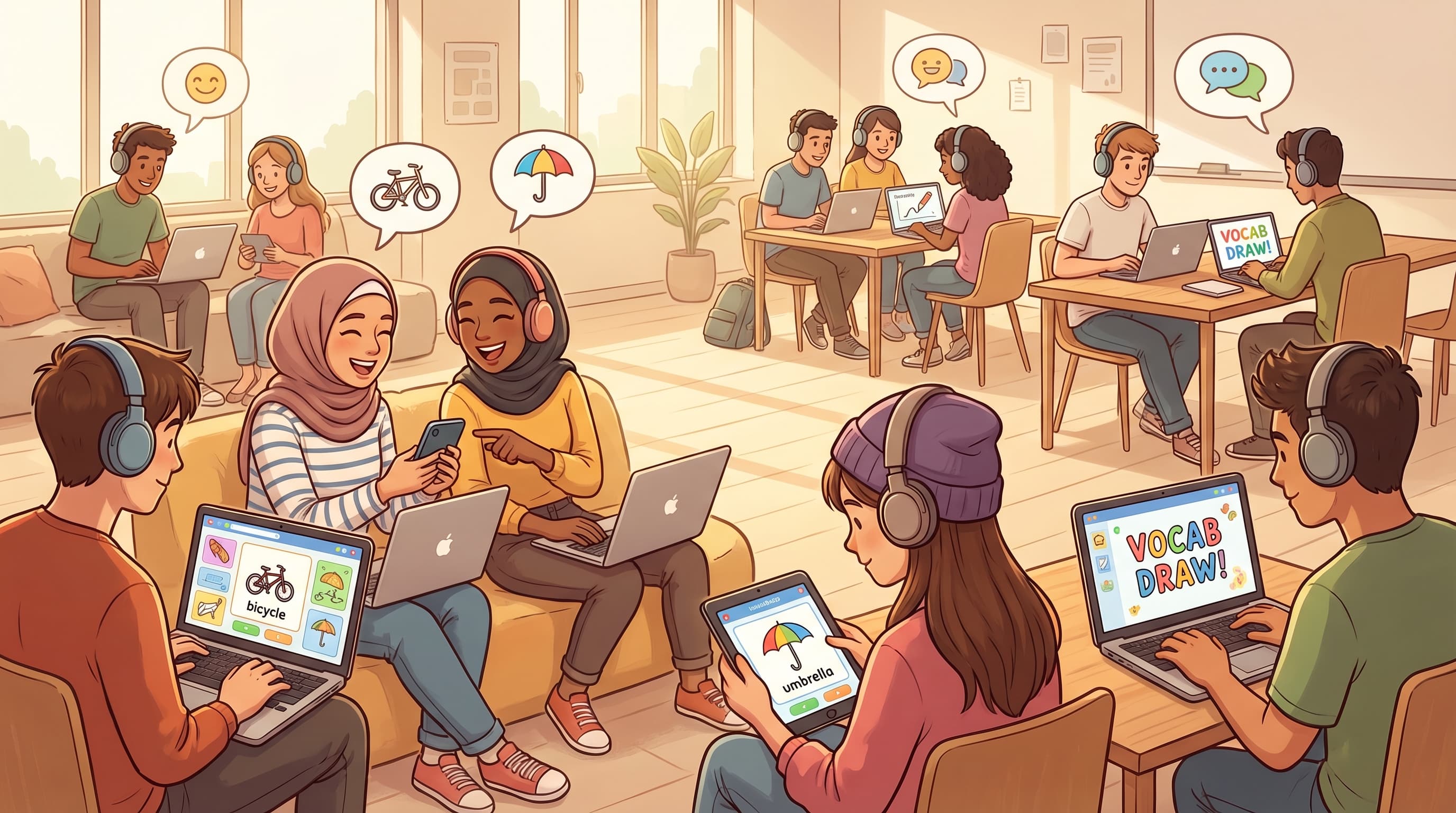 ESL student team playing drawing games for vocabulary learning on laptop, colorful AI interface judging artwork