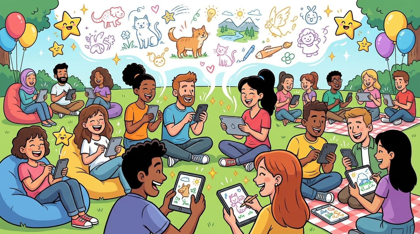 Large diverse group of people drawing together on their phones and tablets with colorful sketches floating above their devices