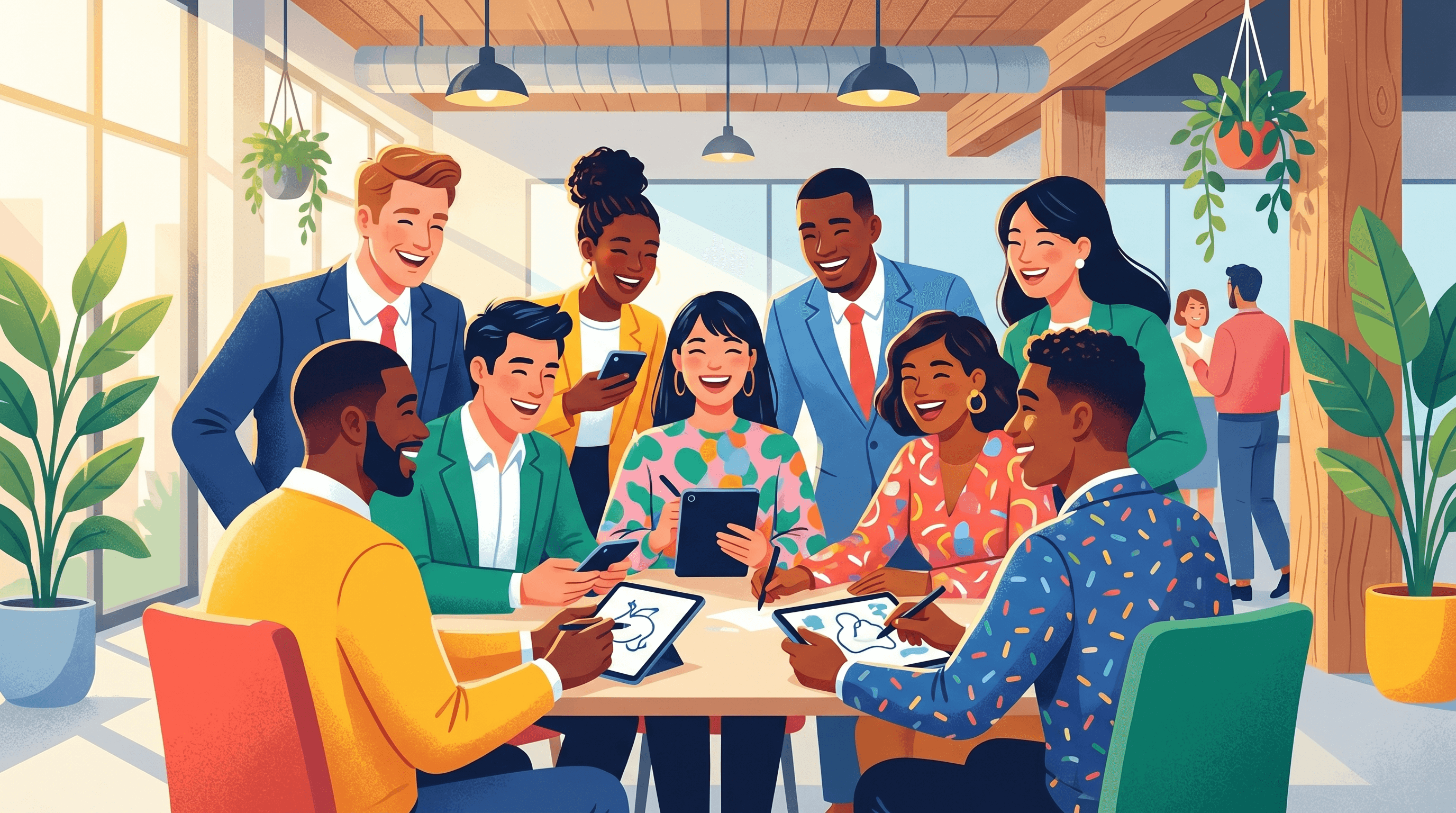 Professional networking event with diverse team playing drawing game on phones and tablets, colorful vibrant energy