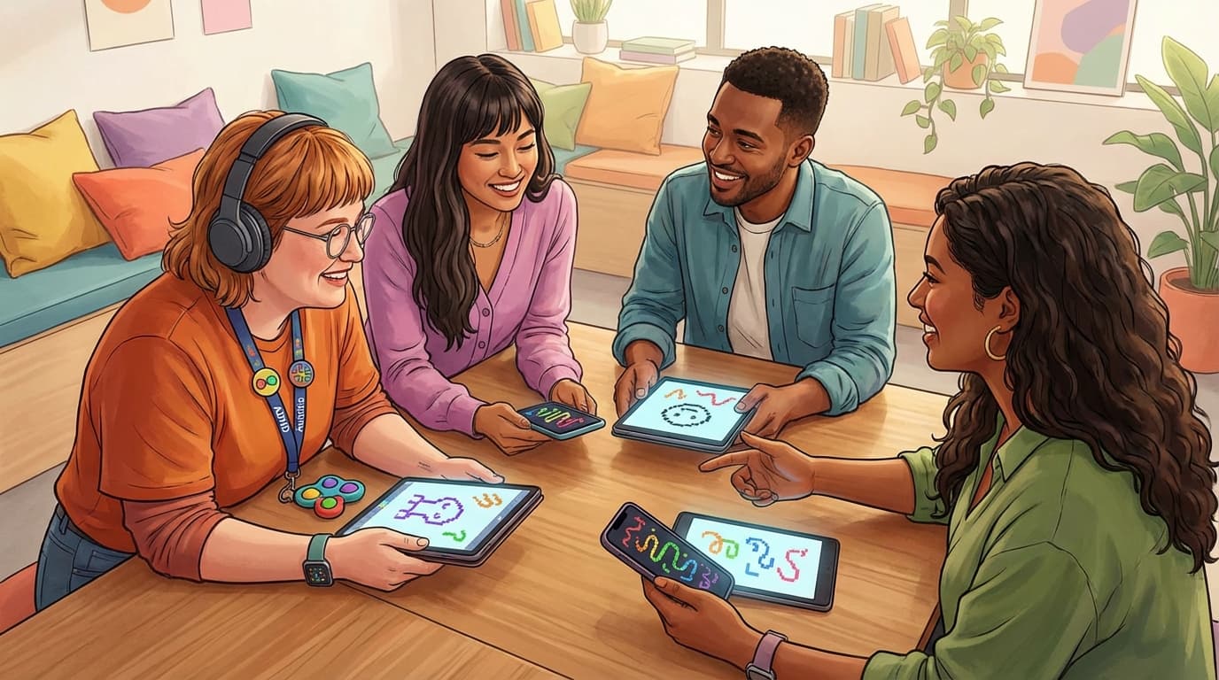 Diverse team collaborating on digital drawing game, mixed neurodiverse group laughing and creating together on tablets and phones