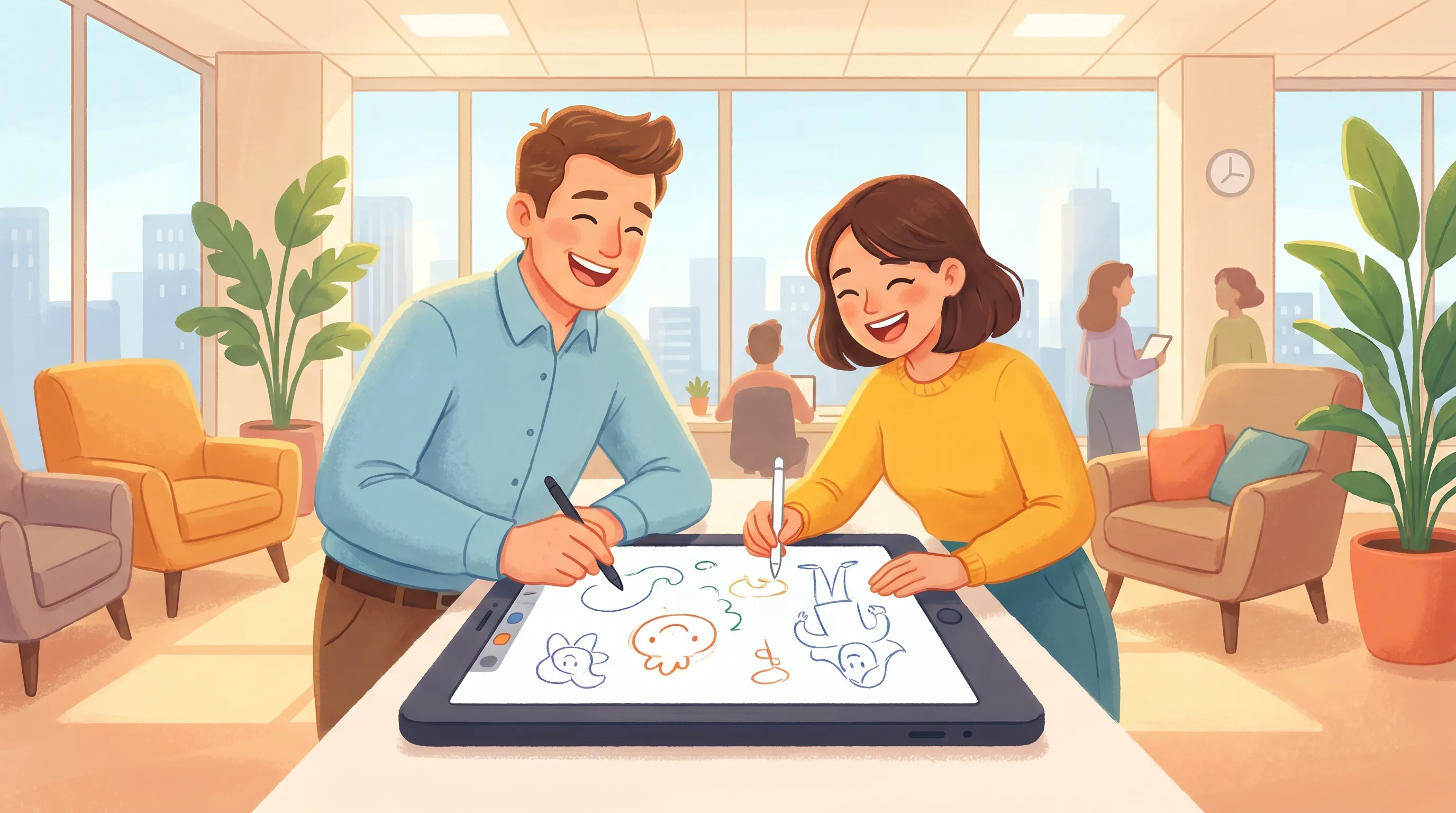 Manager and employee laughing together during one-on-one meeting while drawing on tablet, collaborative feedback session, building trust and connection