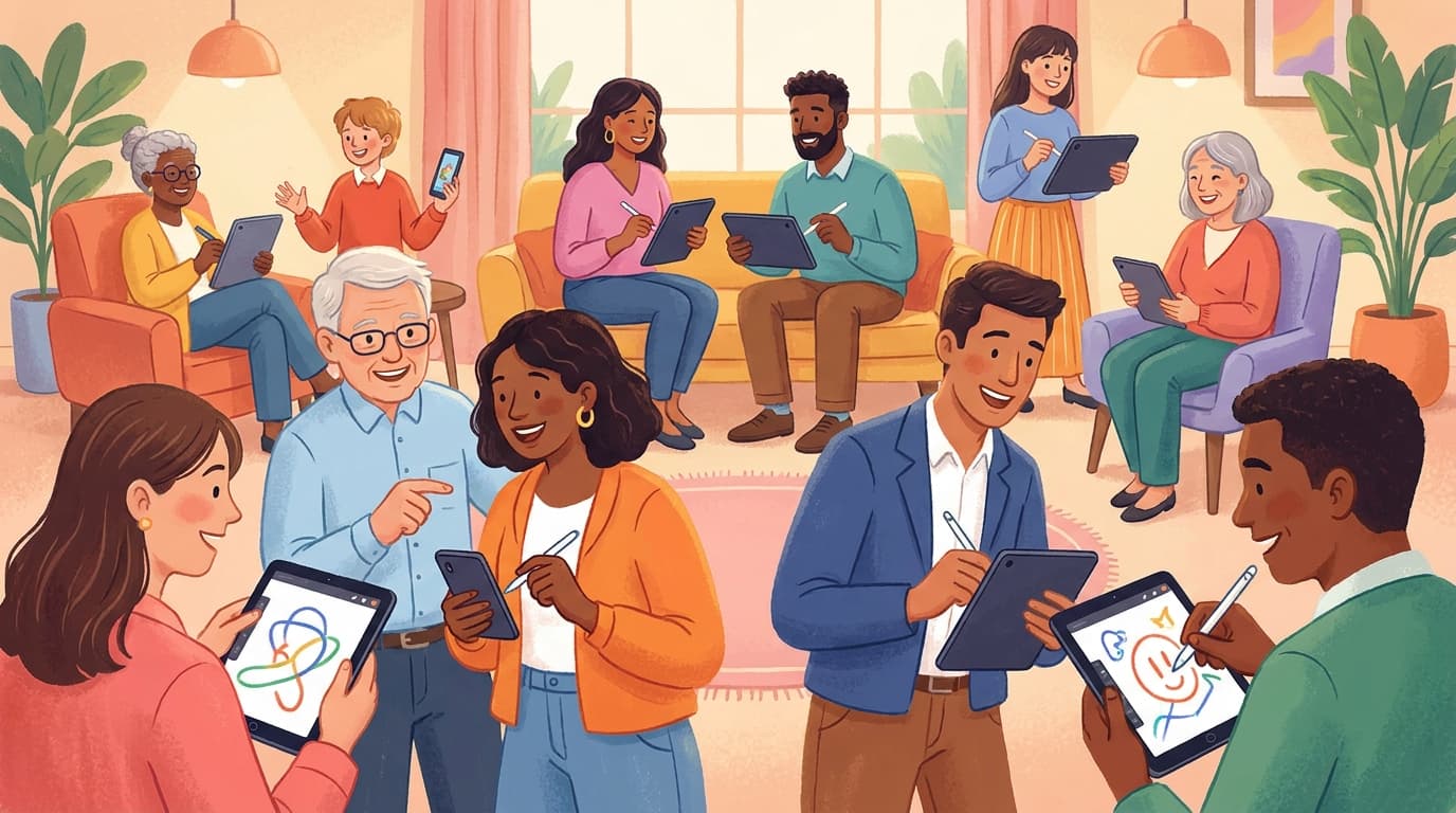 Professional networking event with diverse professionals playing drawing games together on tablets and phones, smiling and collaborating, modern illustration