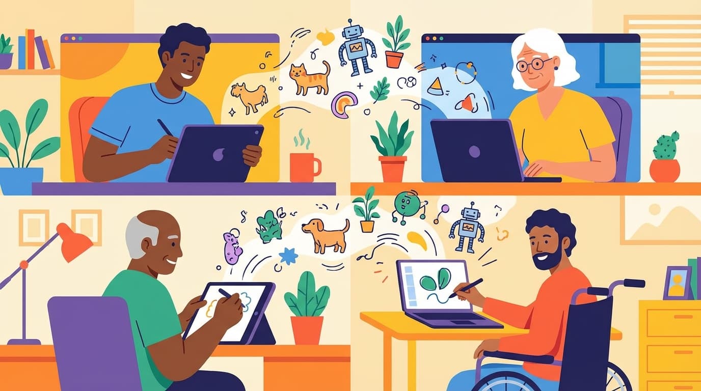 Remote workers on video call drawing together creatively on tablets with colorful doodles floating between screens, team collaboration theme