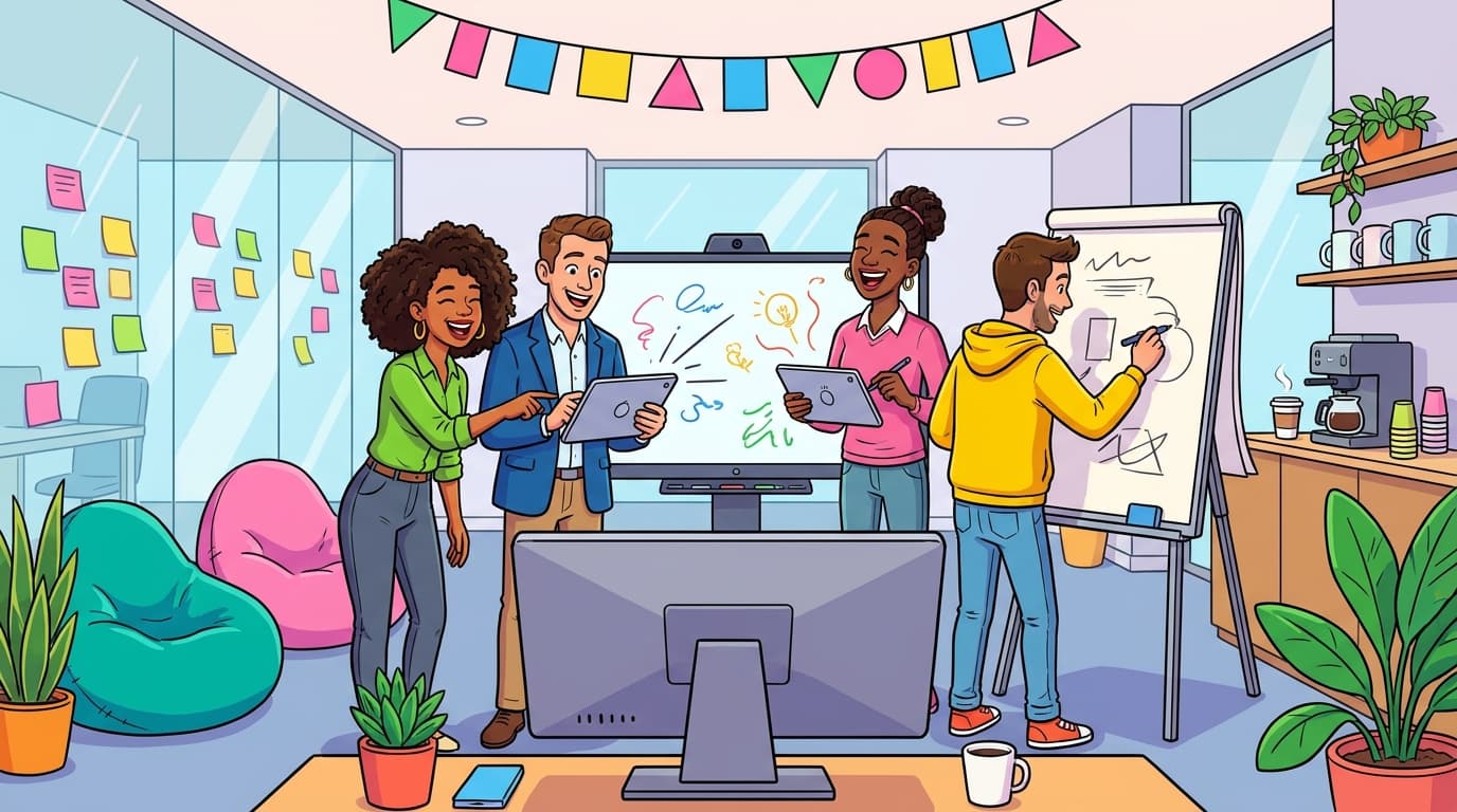 Sales team members collaborating and drawing during pitch practice exercise, creative communication training