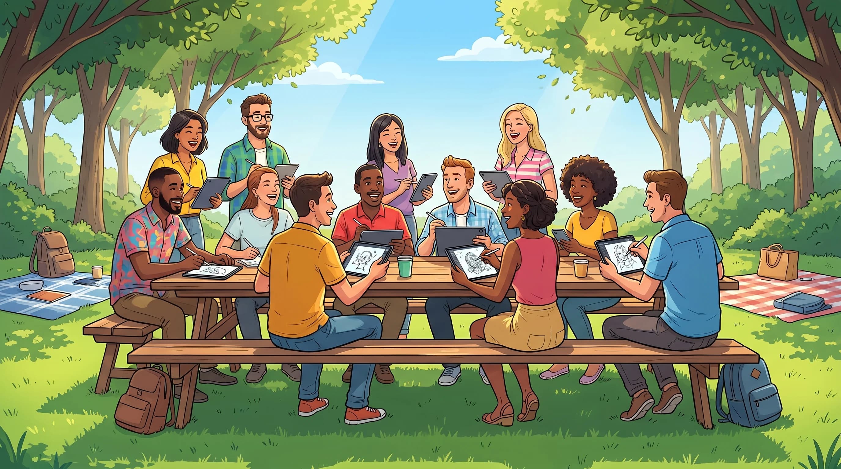 Diverse group enjoying drawing games for summer picnics at outdoor table with phones and tablets
