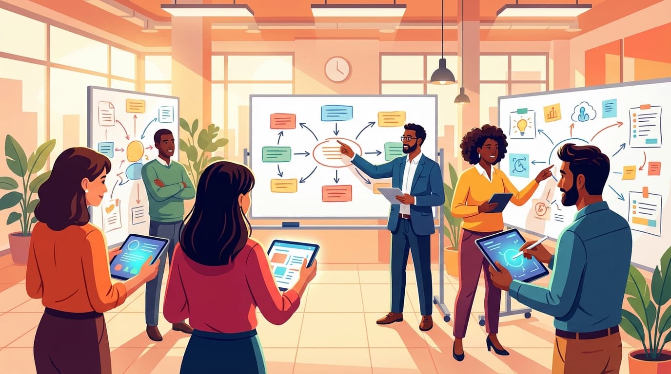 Professional team collaborating with visual thinking diagrams solving complex problems together on whiteboards and tablets