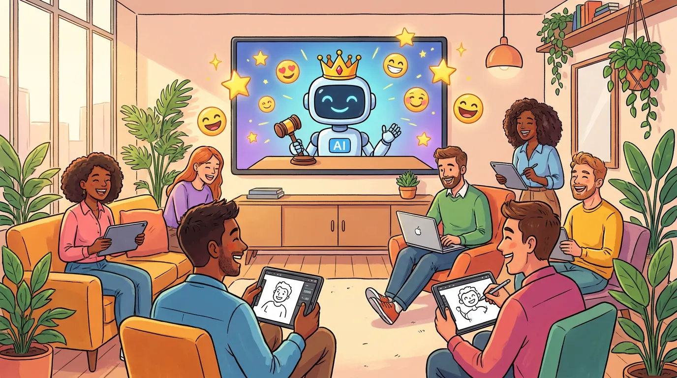 Team members playing drawing game on tablets and laptops during work break with AI judging artwork displayed on screen, modern office productivity