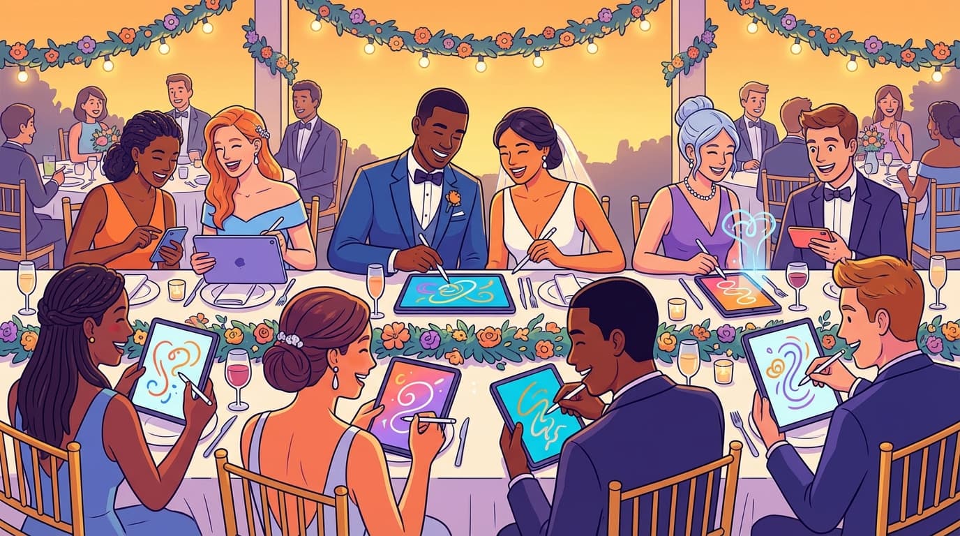 Diverse group of wedding guests laughing and drawing together at reception tables on mobile devices
