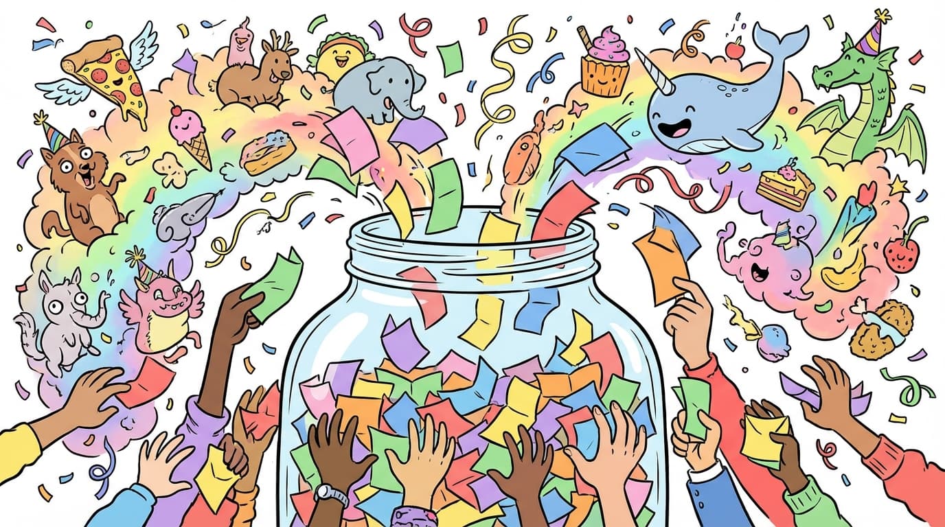 Colorful illustration of a jar filled with paper drawing prompts and floating doodles of animals, food, and fantasy creatures in a fun party atmosphere