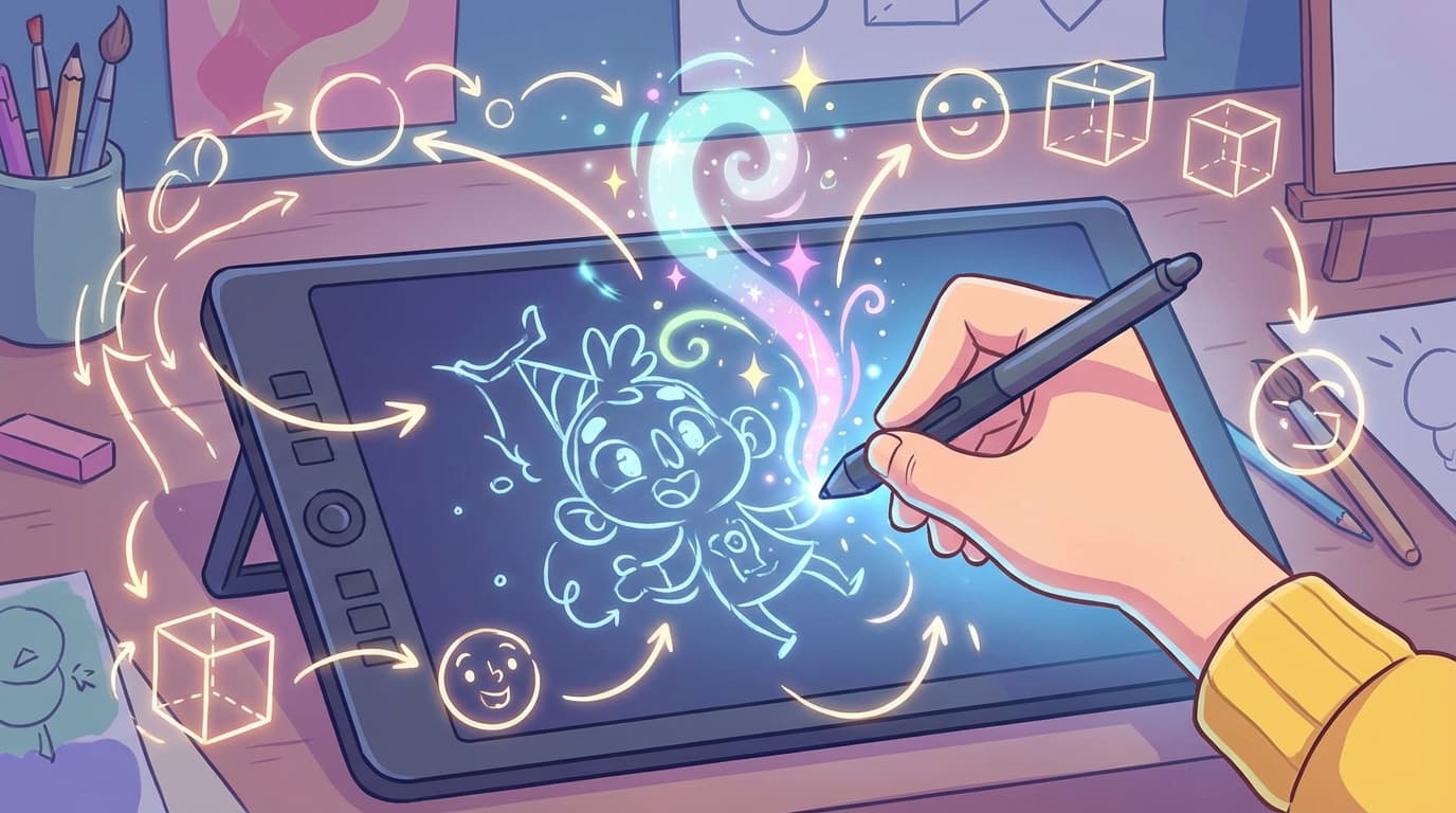 Colorful illustration showing drawing techniques with magical sparkles, gesture lines and shapes floating around a tablet