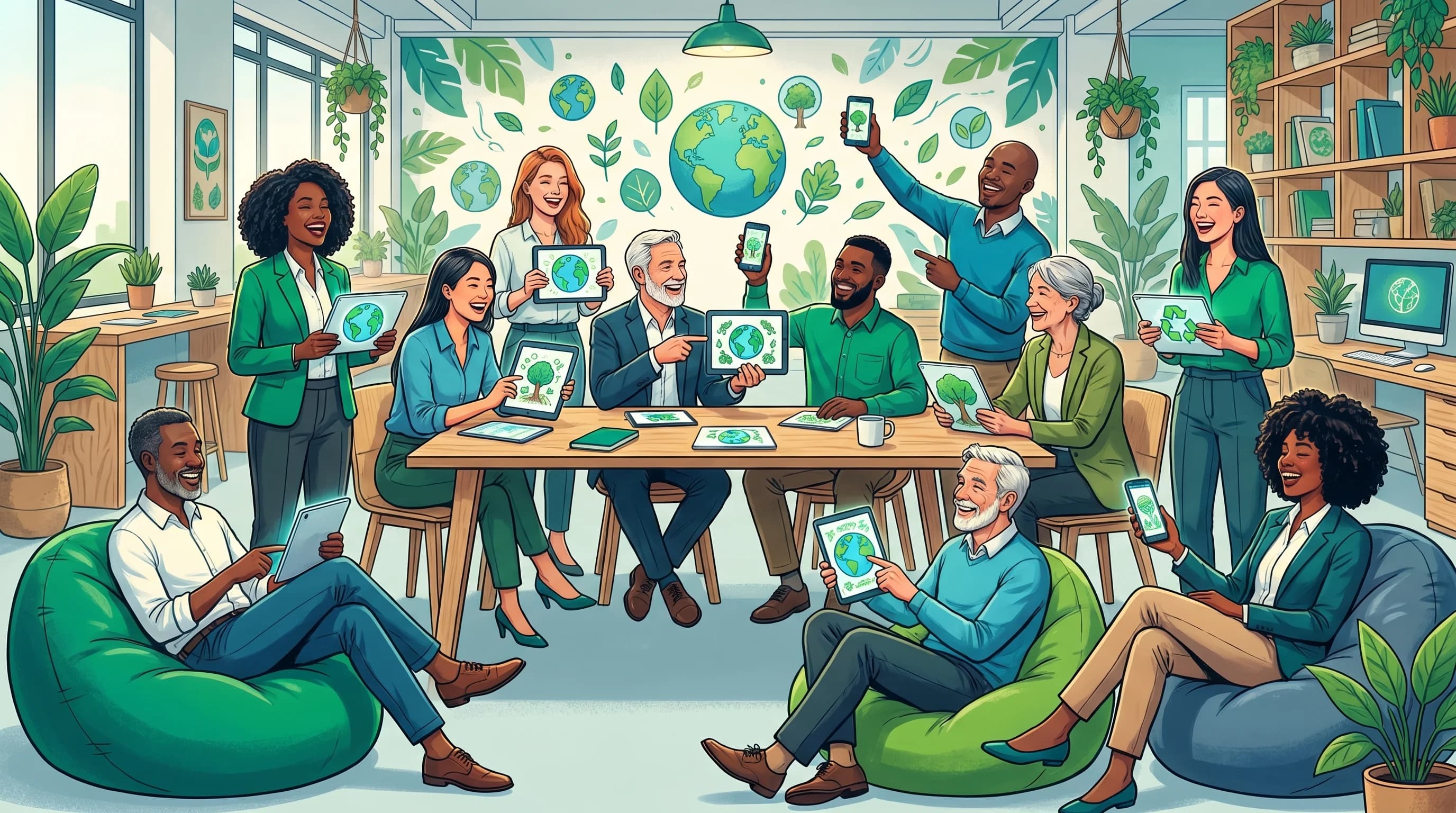 Diverse team collaborating during Earth Day drawing game activity, highlighting sustainability themes and teamwork