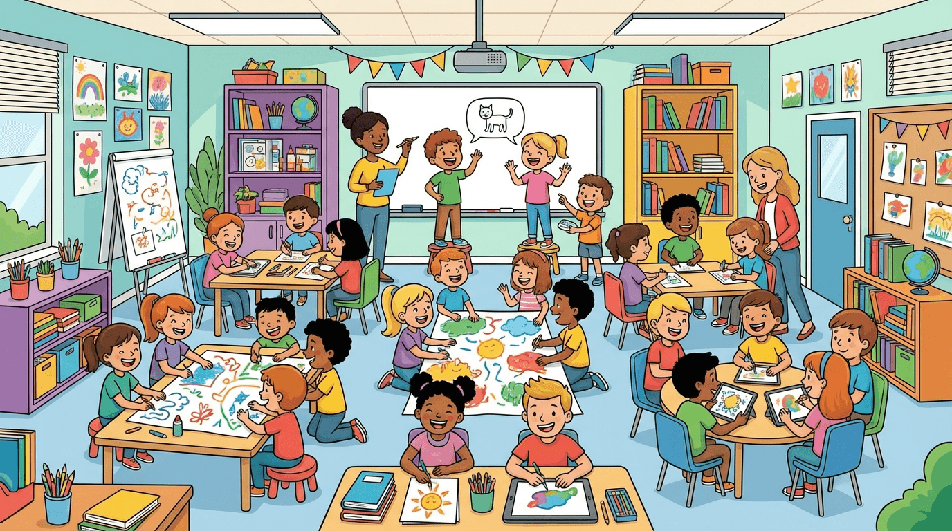 Children learning through drawing games, educational art activities, colorful classroom setting with kids drawing and learning, fun illustration style, wide 16:9 aspect ratio, no text