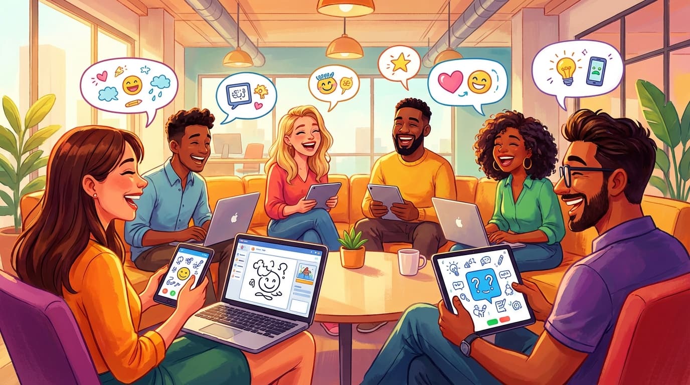 Happy diverse employees taking break playing fun drawing game together on laptops, smiling, modern office, team wellness