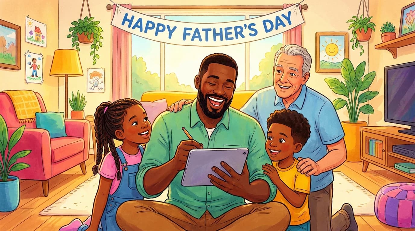 Dad and family enjoying a drawing game together on Father's Day, laughing while playing Doodle Duel