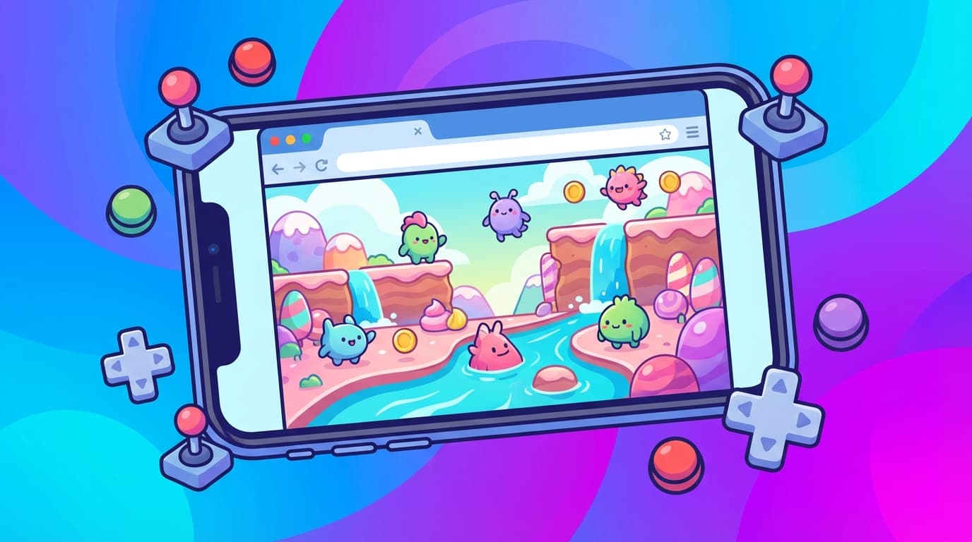 Colorful smartphone displaying fun browser games with no app downloads needed, instant play in mobile web browser