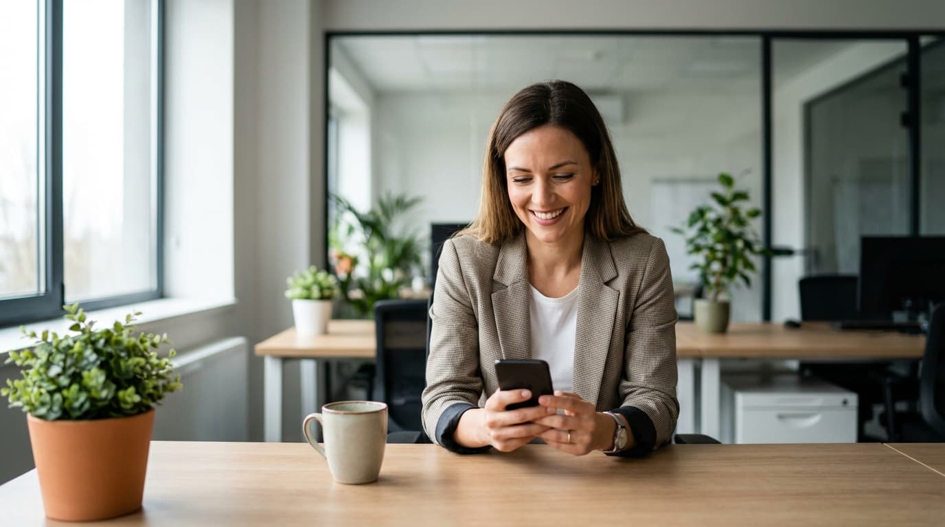 Professional office worker taking a quick game break at their desk on their phone, smiling with coffee nearby