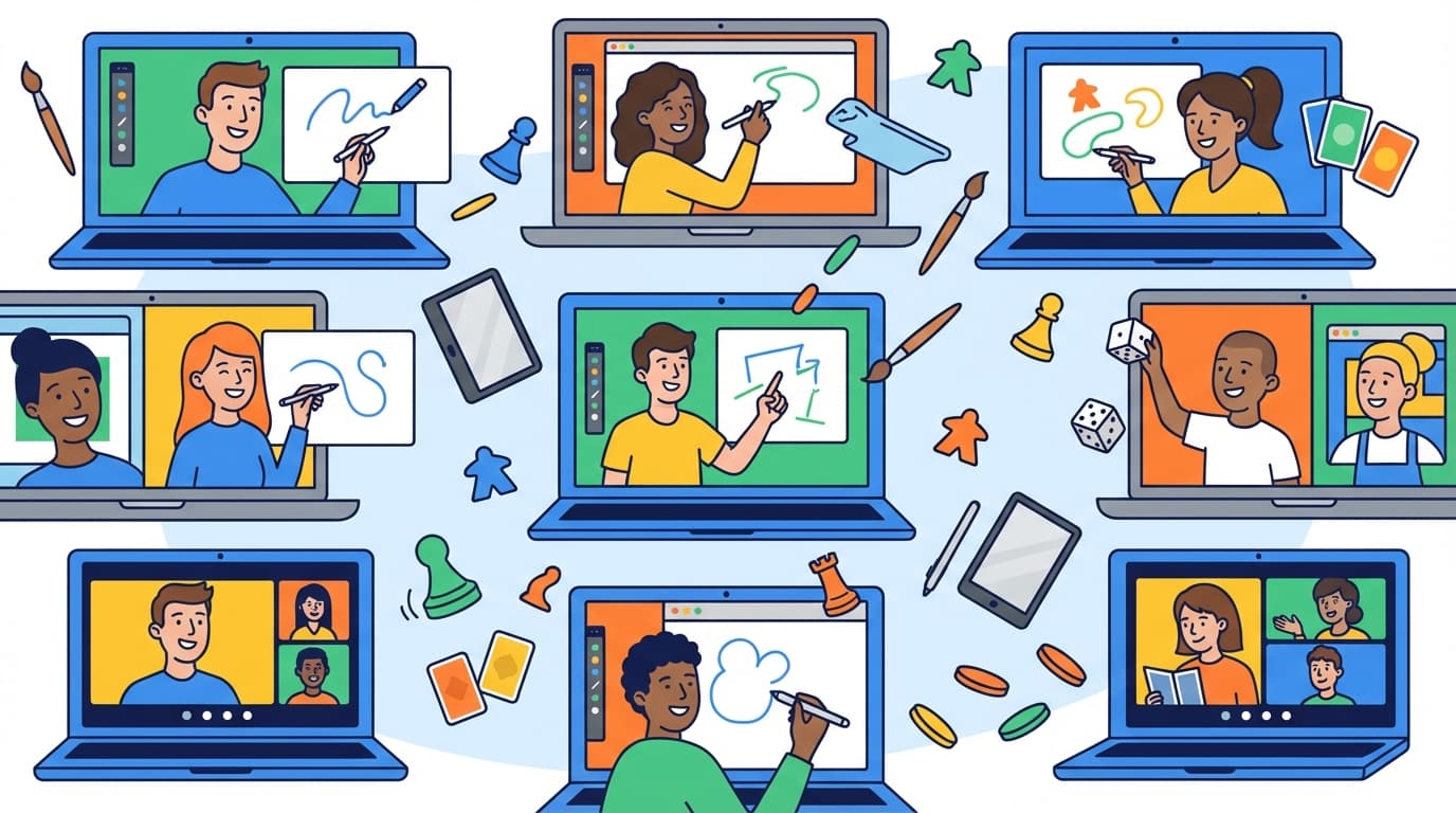 Multiple people on a Zoom video call playing games to play on zoom together with laptops and screens